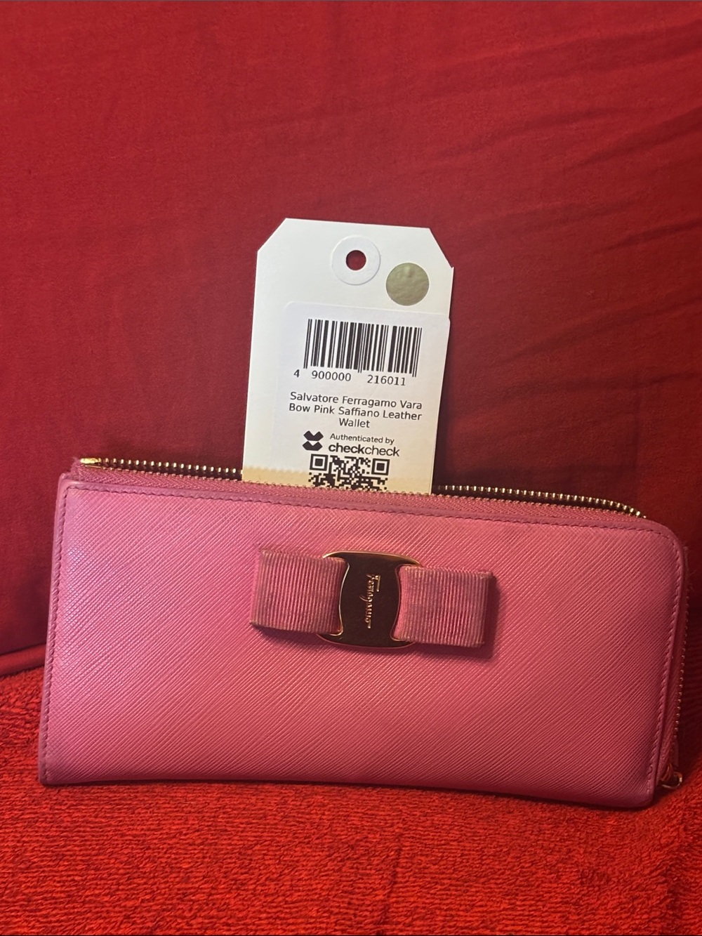 Salvatore Ferragamo Pink Vara Bow 3/4 Zip Around Wallet with COA